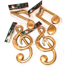 4 Vtg Kurt Adler Blow Mold 3D Gold Musical Music Notes Treble Jumbo Ornament NEW picture