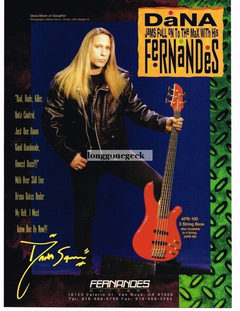 1993 Fernandes 5-String Bass Guitar Dana Strum Slaughter Vintage Print Ad 