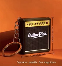 New Guitar Pick Mini Amp Speaker Paddle Box Keychain w/ Sliding Pick Holder rock picture
