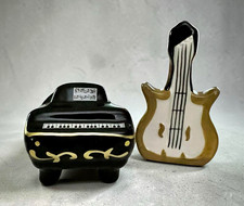 Piano & Bass Guitar Novelty Salt and Pepper Shakers Set Ceramic Black Gold picture