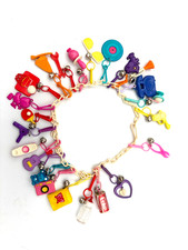 1980's Clip on Plastic Bell Charm Necklace 23 charms Coke Guitar Camera Record picture