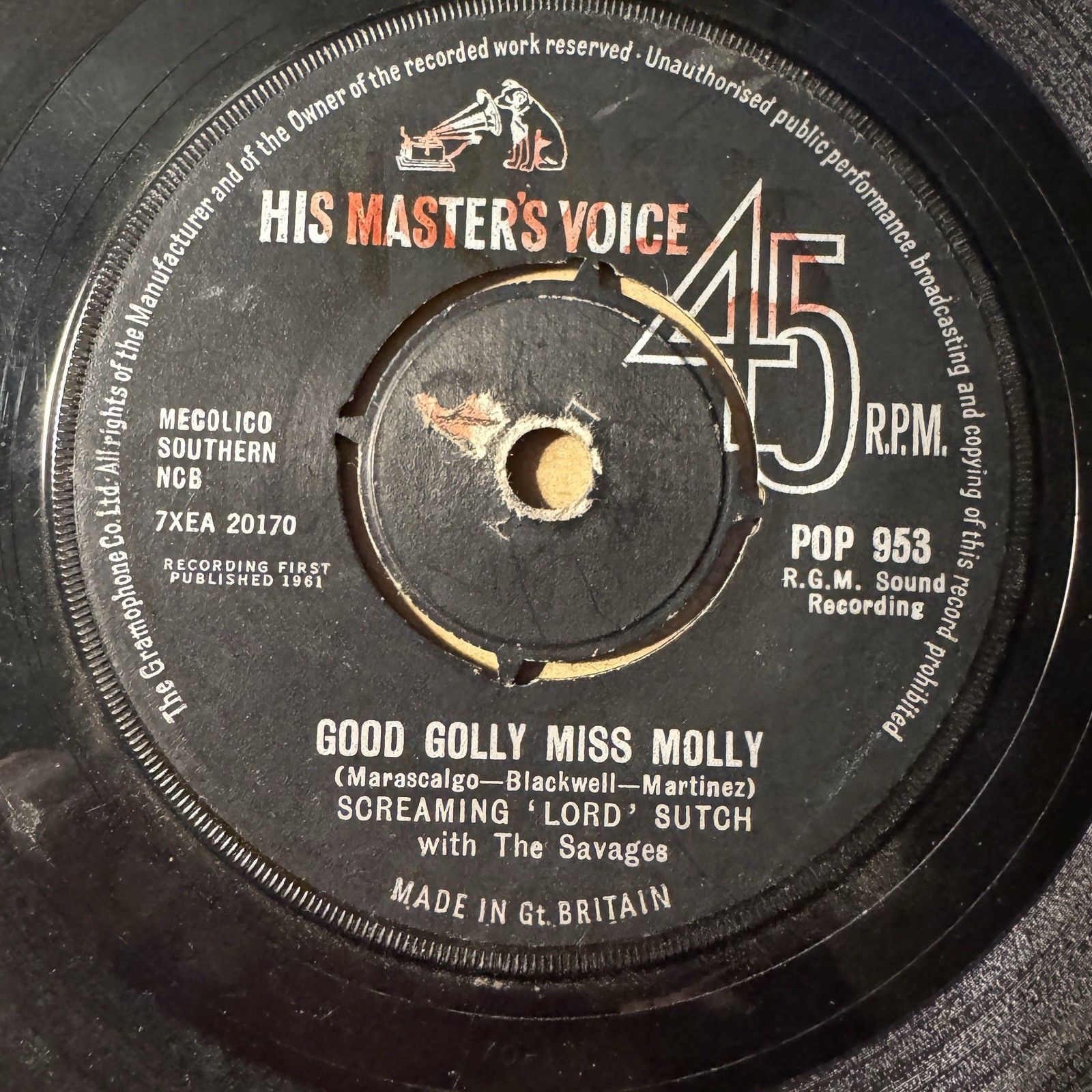 Screaming Lord Sutch Good Golly Miss Molly HMV 45-POP 953 UK 1963 Horror Rock 45