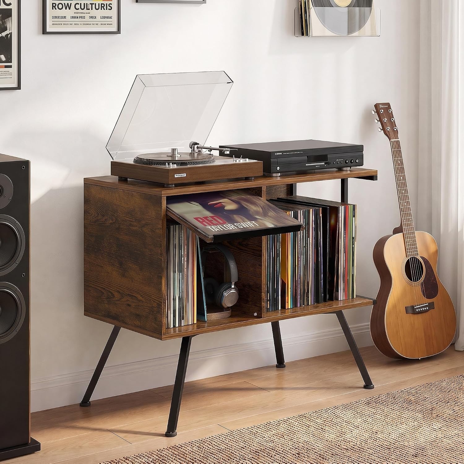 Flip Top Record Player Stand with Vinyl Storage up to 150 Albums
