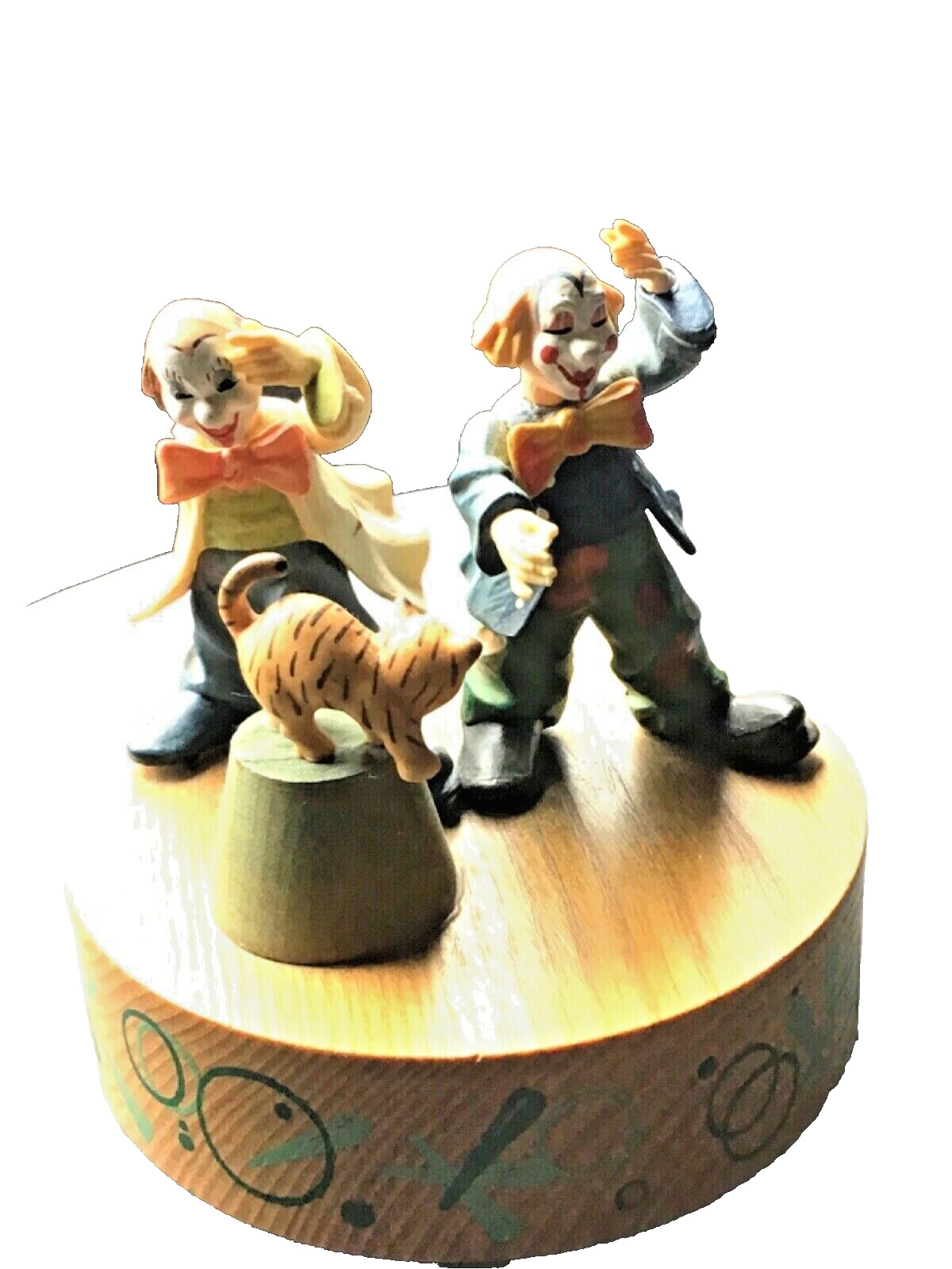 VINTAGE ANRI Wooden Music Box CLOWNS AND KITTEN PLAYS “THE ENTERTAINER”