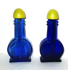 Vtg Cobalt Blue With Yellow Tops Banjo Guitar Glass Tall Salt & Pepper Shakers picture