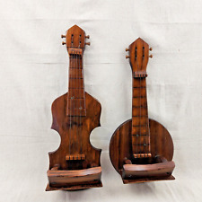 Vintage 70s Wood Wall Banjo Violin Fiddle Decor Holder Retro Climbing Plant Pair picture