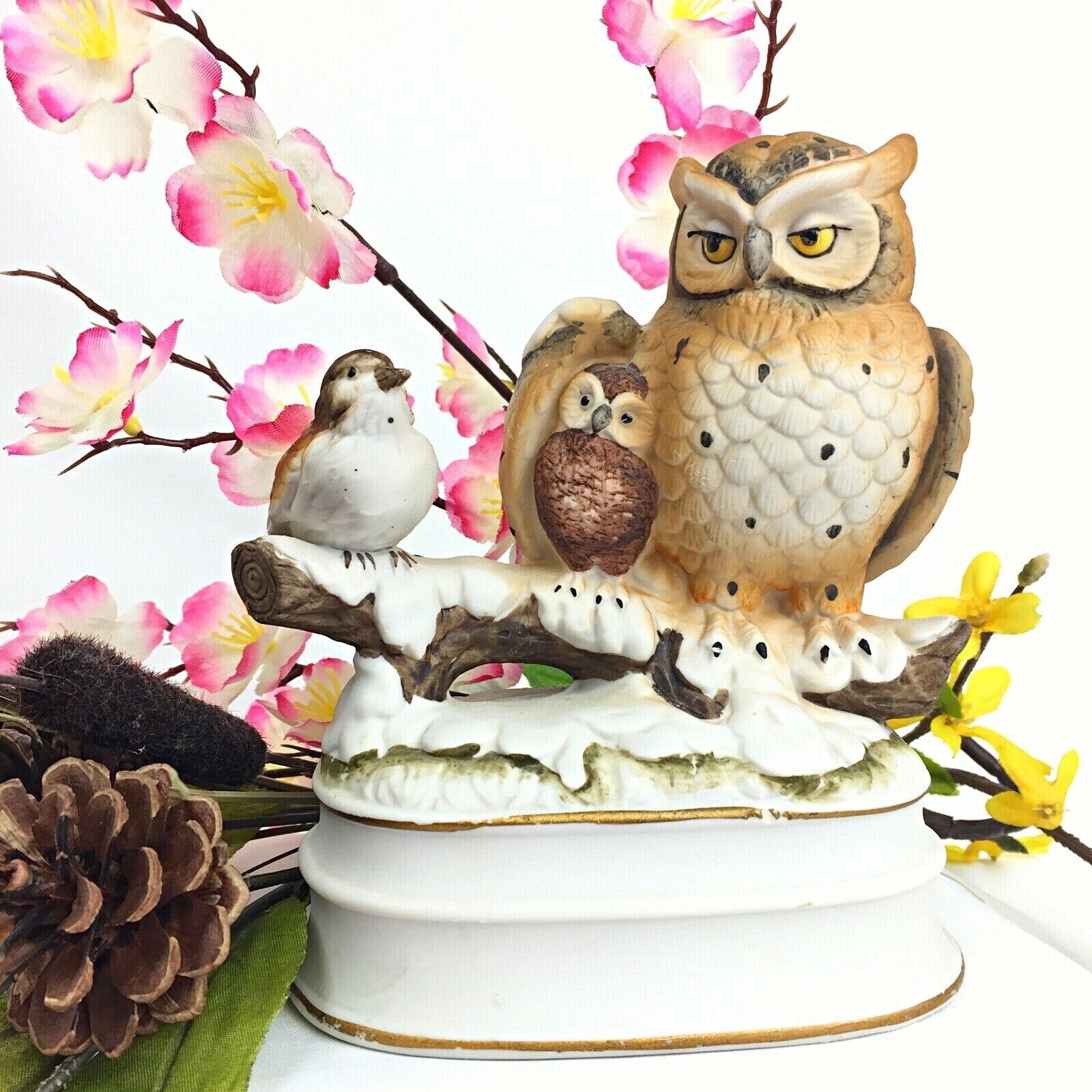 Vintage Towle Japan Bisque Porcelain Owls on a Branch Music Box Figurine