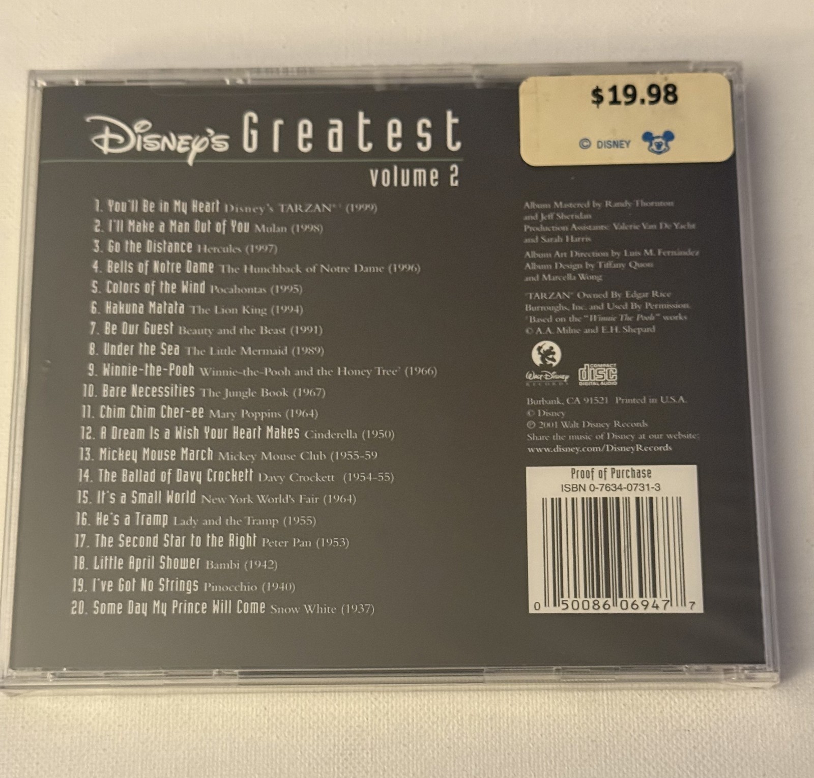Disney's Greatest Hits - Vol. 2 -BRAND NEW CD - 20 SONGS