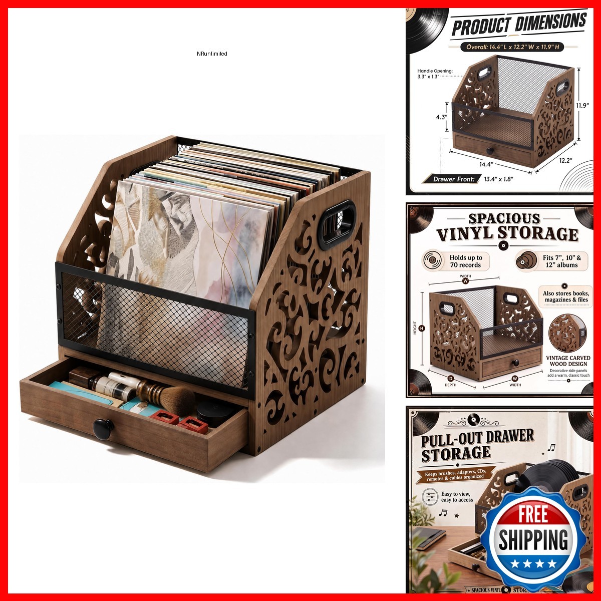Novabright Vinyl Record Storage Crate Drawer, Wooden & Metal JYY-Novabright-3718