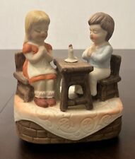 Vintage Rotating Music Box Boy & Girl Praying At The Table 6” Tall - Working picture