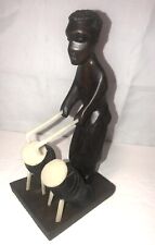 Hand Carved Wood Man Playing Drums Statue ~7” picture