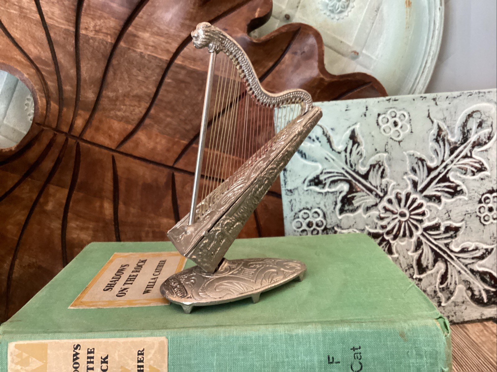 Mini Harp Argentina lion head rare figurine ornate gift silver color Detailed