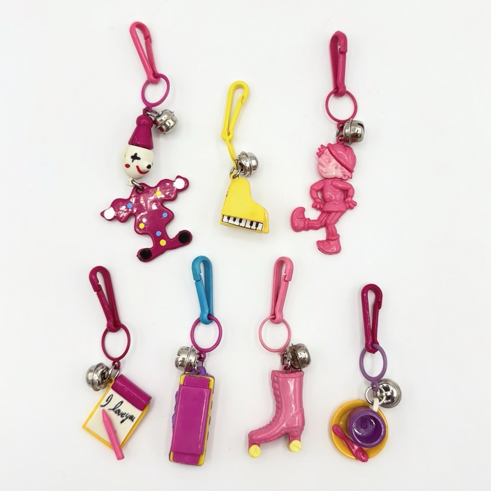 VTG 80s Plastic Bell Charms Lot - Clown Tea Cup Piano Harmonica Roller Skate
