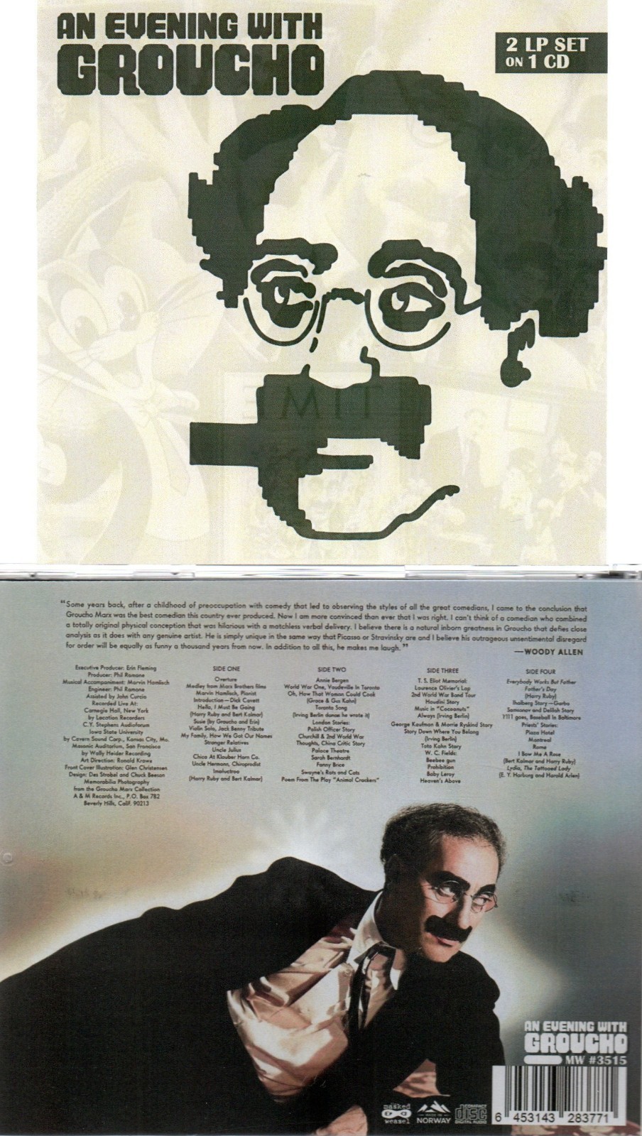 GROUCHO MARX AN EVENING WITH GROUCHO AT CARNEGIE HALL-2 LPS ON 1 CD IMPORT