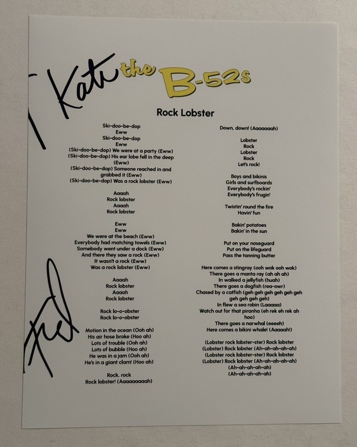KATE PIERSON & FRED SCHNEIDER SIGNED LYRIC SHEET AUTOGRAPHED B-52s BAND COA