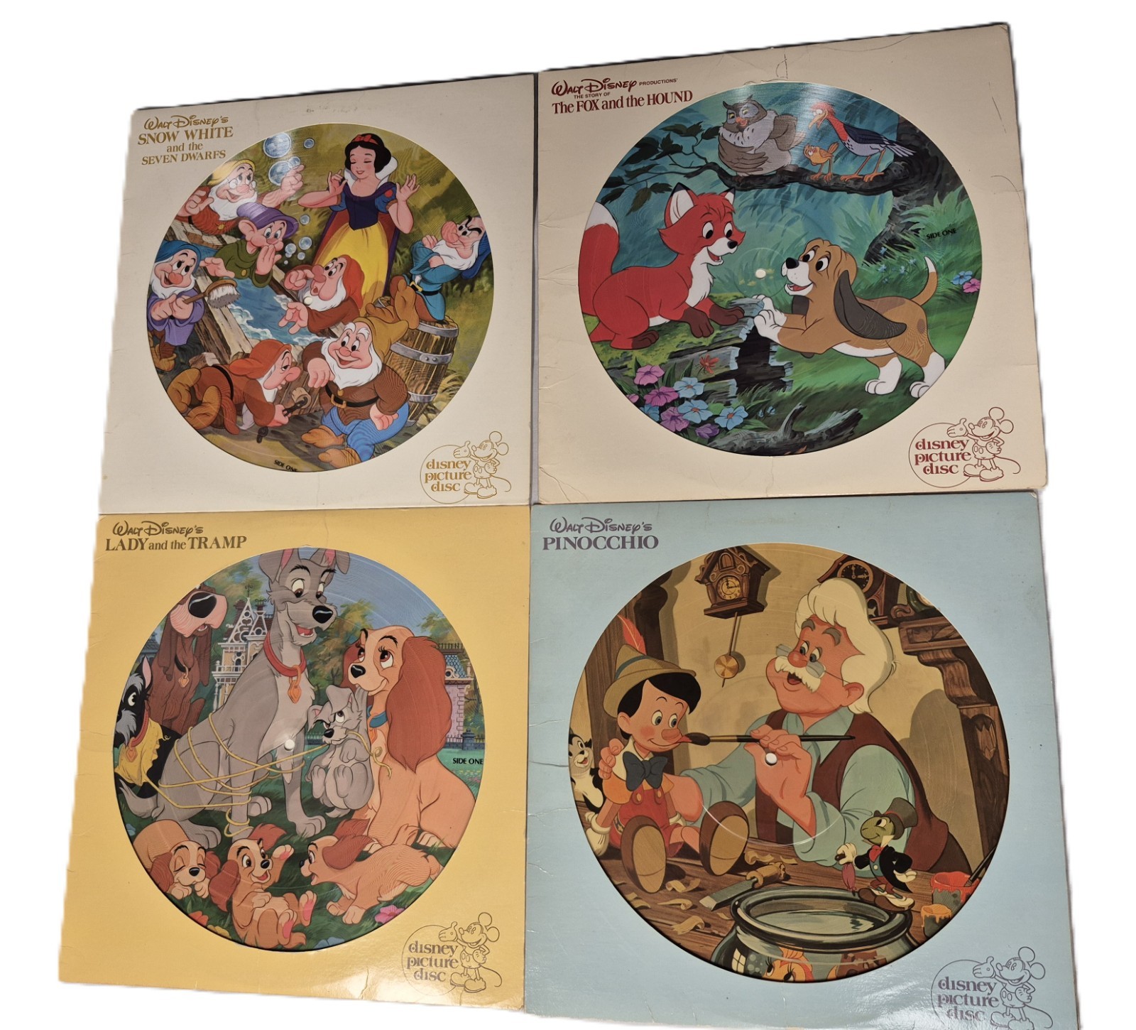 4 Vintage Disney Vinyl Records Lady&Tramp/Pinocchio/Fox&Hound/Snow White