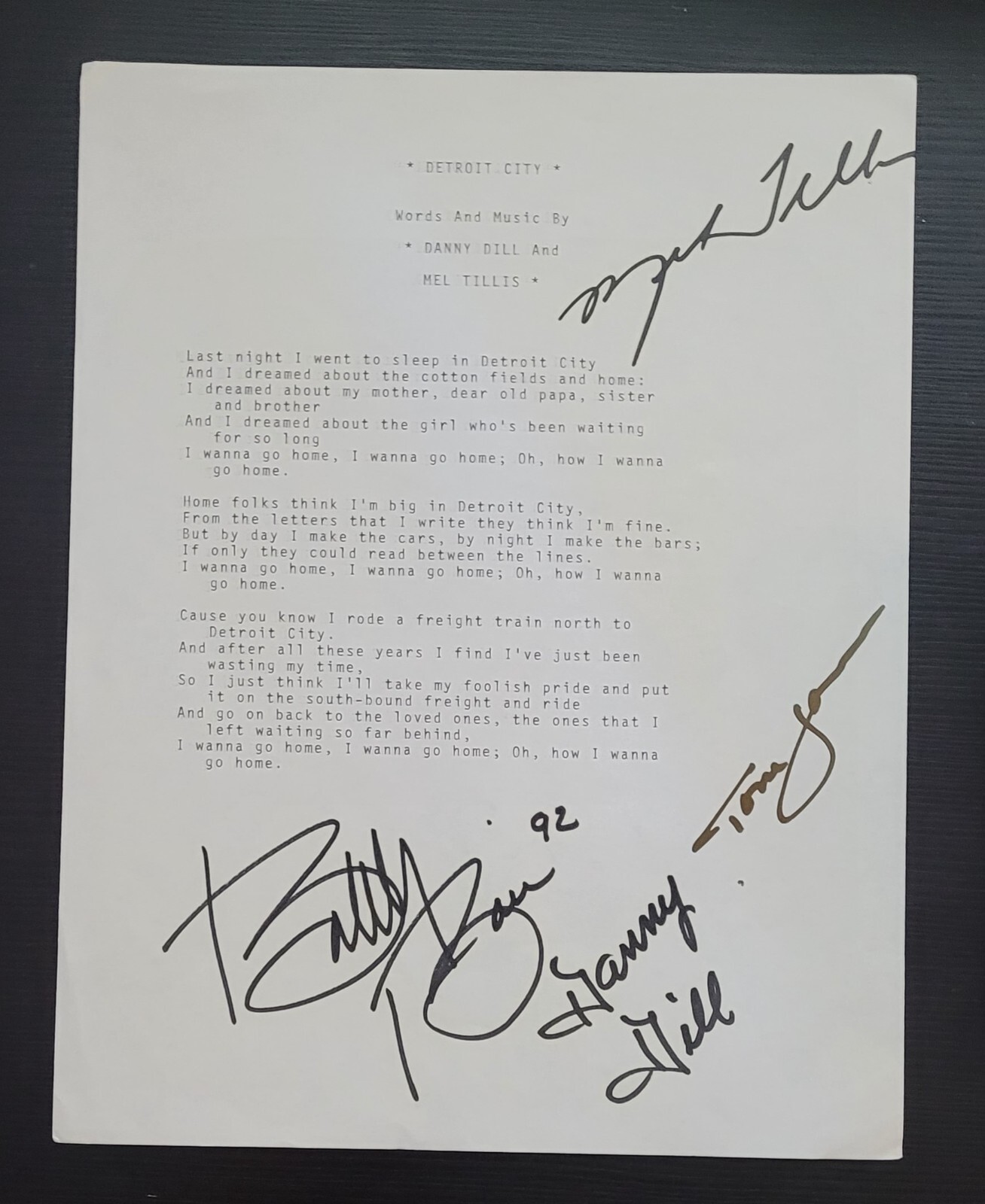 DETROIT CITY LYRICS MEL TILLIS TOM JONES BOBBY BARE DANNY DILL AUTOGRAPHS RARE