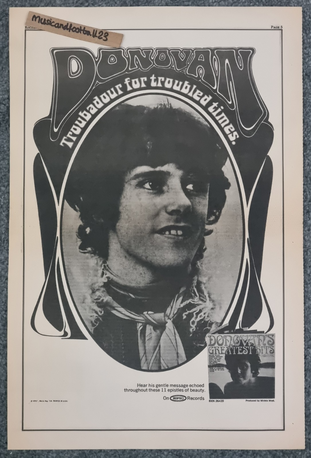 DONOVAN - GREATEST HITS March 1969 Rolling Stone Advert 17x11¼ 43x28cm VG+
