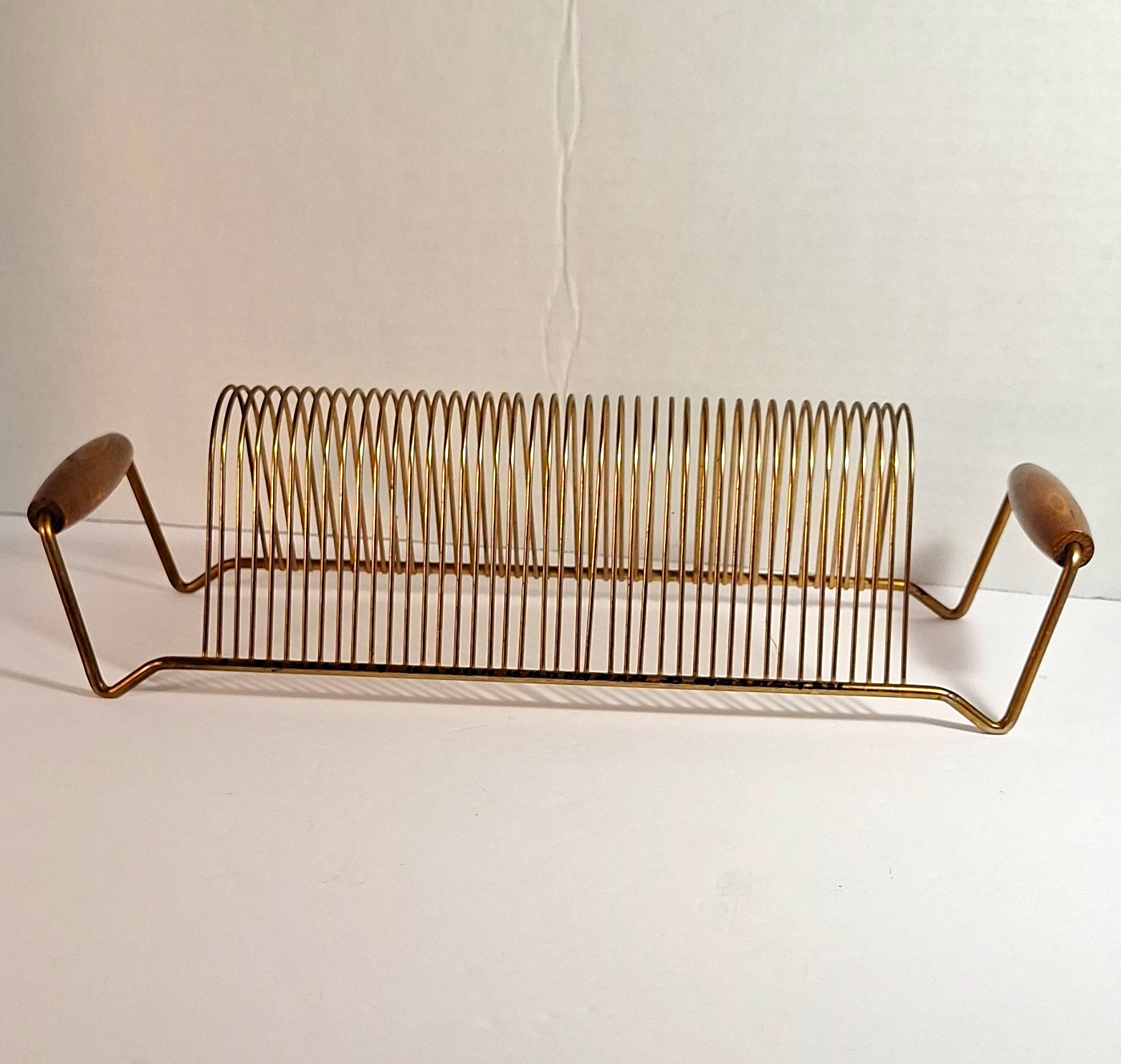 Vtg MCM tabletop Gold Tone Metal Vinyl Record/letter Holder W/ Wooden Handles.