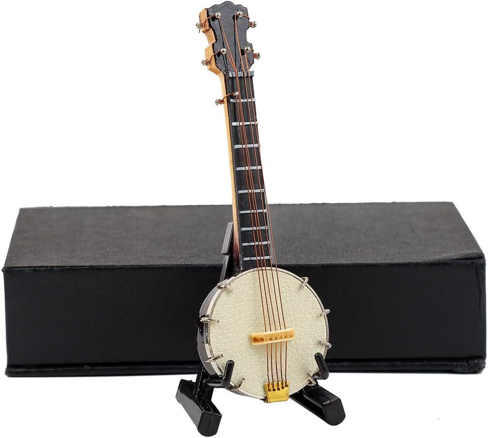 Wooden Miniature Banjo Replica with Stand and Box Collectible Desktop Decor