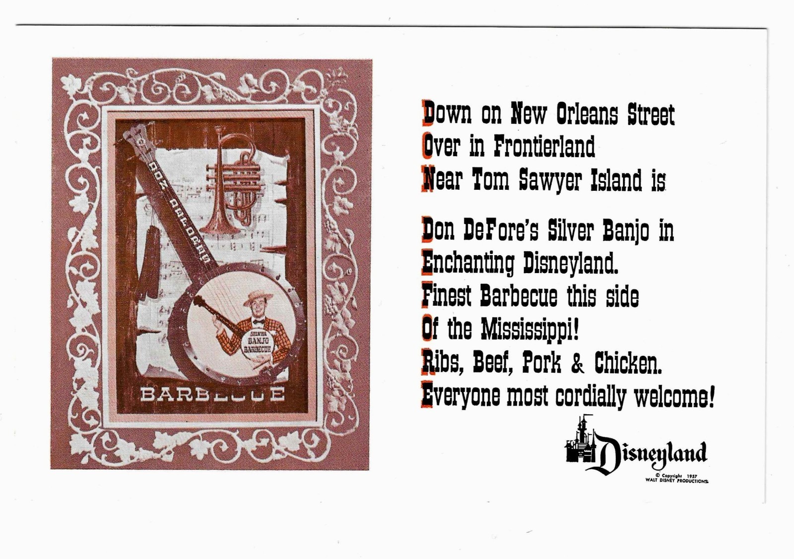 Rare Disneyland post card - Don DeFore's Silver Banjo Barbecue-PRICE REDUCTION