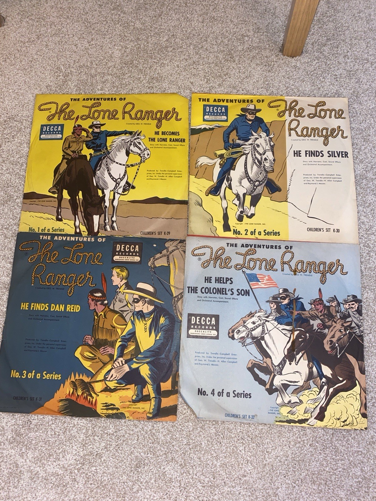 Vintage 1951 Lone Ranger Decca Records 78 RPM Complete Set Nos 1-4 K-29-K-32
