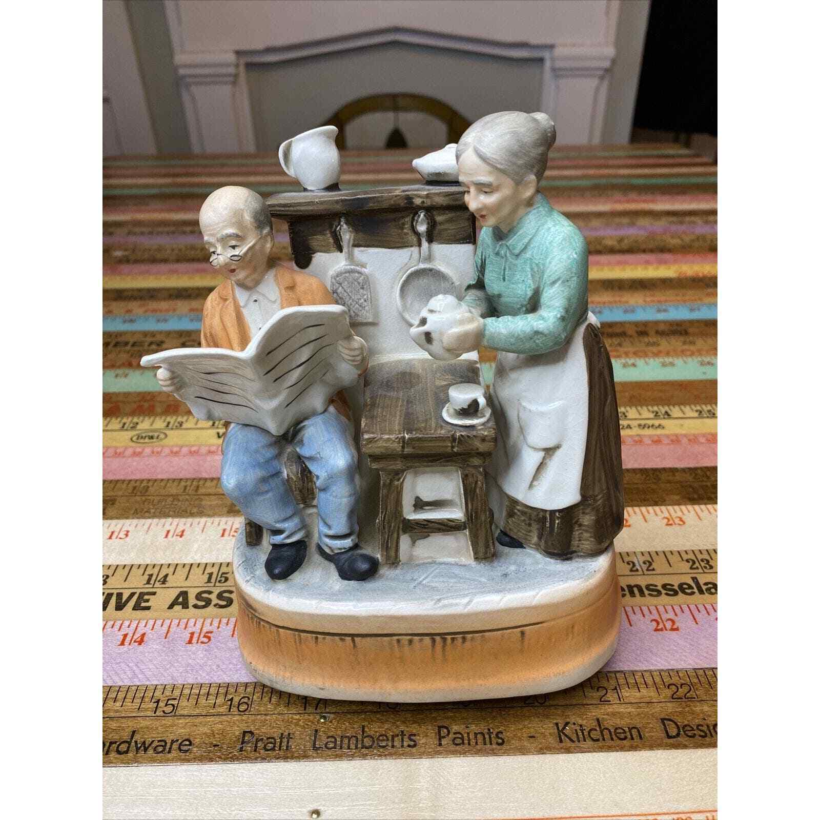 VINTAGE A.E. Price Elderly Couple Music Figurine SITS CROOKED READ Wind Up Flaw