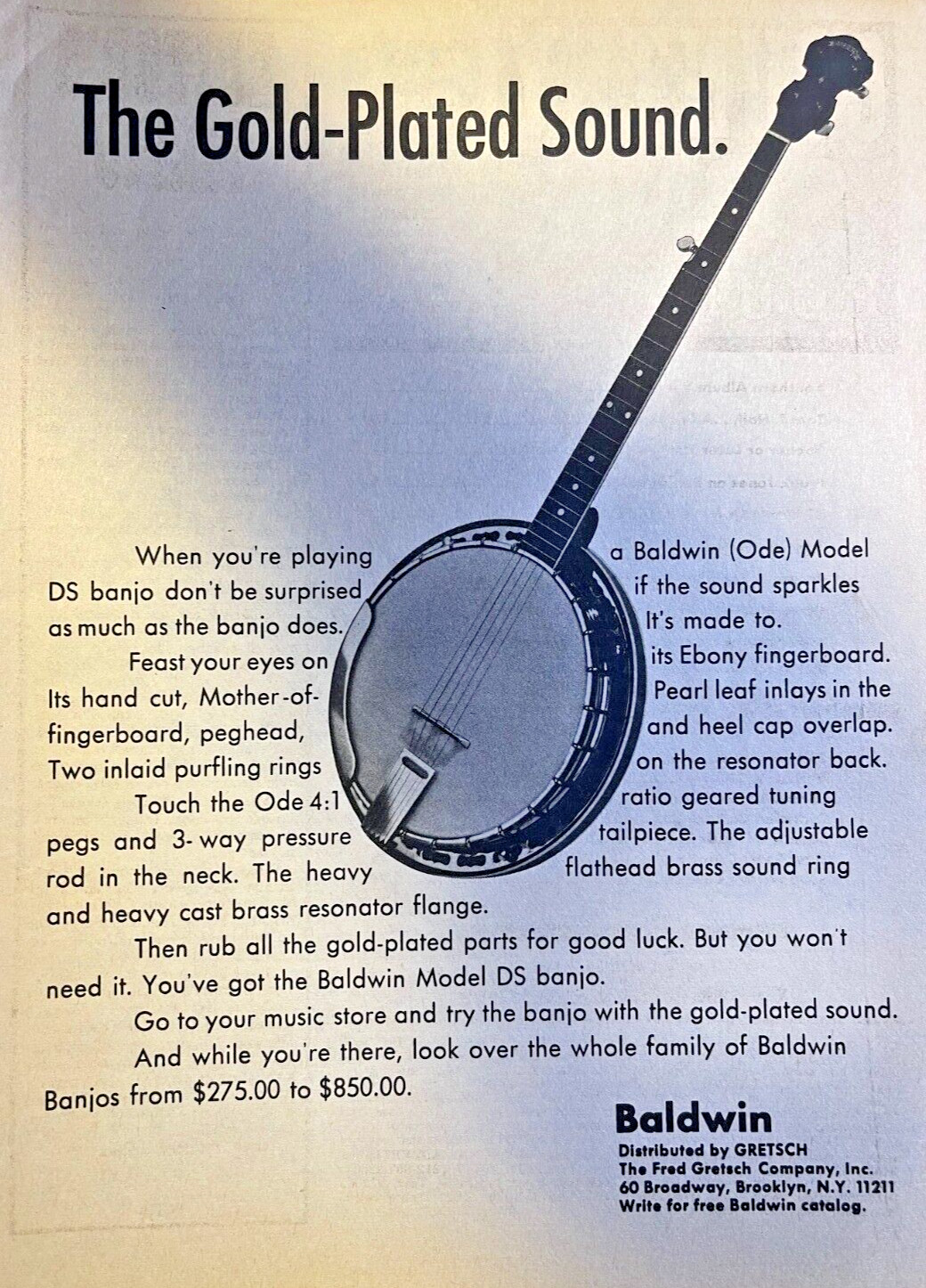 1970 Vintage Magazine Advertisement Baldwin Model DS Banjo Gold Plated Sound