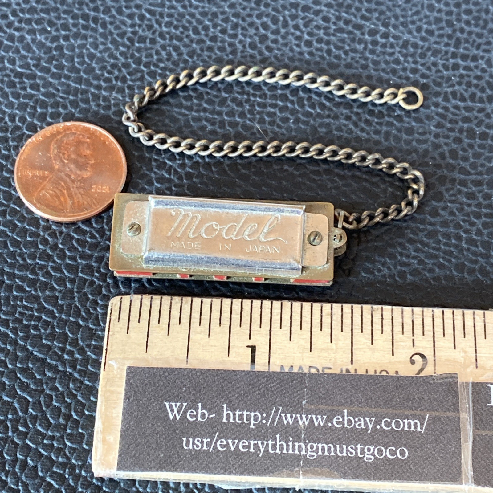 Vtg Red MODEL Musical Mini Harmonica Keychain Charm Functional Japan w/ CHAIN