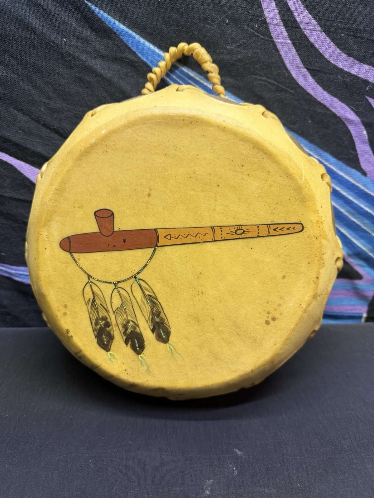 Vintage Style Rawhide Hand Drum Painted Peace Pipe Feathers 10” Southwestern