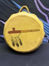 Vintage Style Rawhide Hand Drum Painted Peace Pipe Feathers 10” Southwestern picture