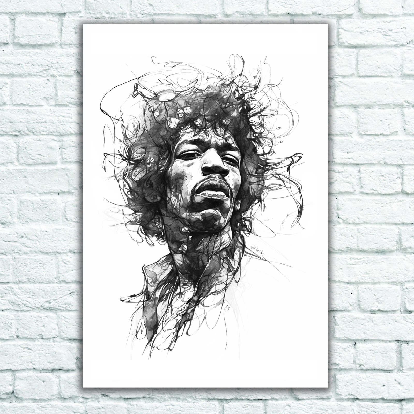 Jimi Hendrix - Framed/Unframed Ink Wash Style Print or Framed Canvas - 3 Sizes