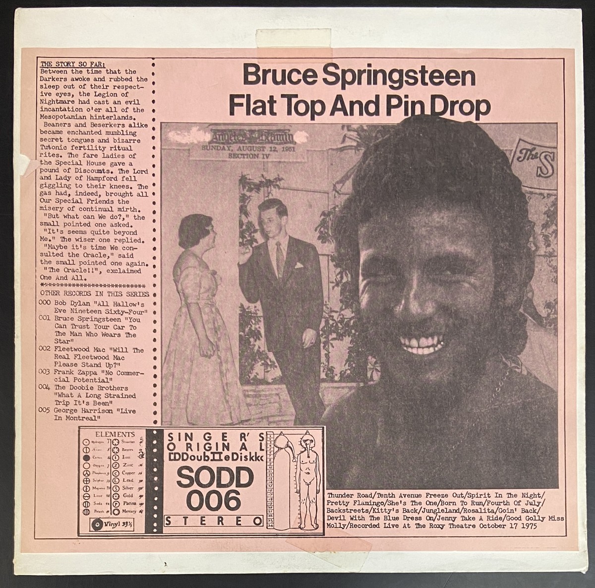 BRUCE SPRINGSTEEN Flat Top And Pin Drop 1976 2LP Live At The Roxy Theatre 1975