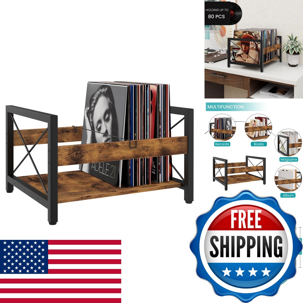 ELITEROO Vinyl Record Holder, Wooden Record Crate Fits 7 -12 Records ELR-CPJ