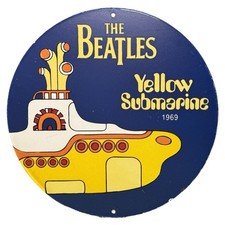 VINTAGE THE BEATLES YELLOW SUBMARINE 1969 PORCELAIN SIGN ROUND MUSIC POP ROCK picture