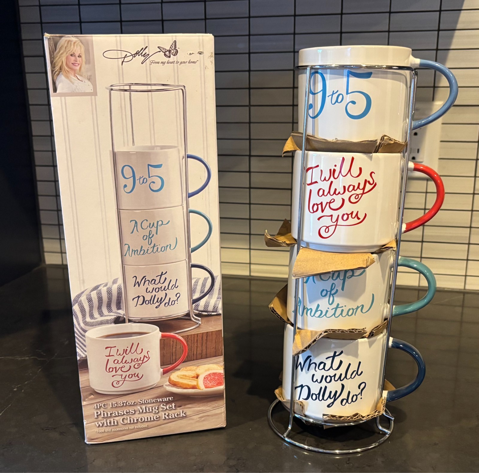 DOLLY PARTON 4 PC MUG SET CHROME RACK DOLLY SONGS LYRICS 9 TO 5 ALWAYS LOVE YOU