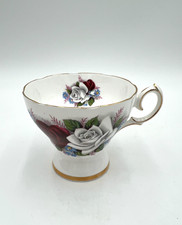 Vintage Queen Anne Musical Teacup Music Box Red White Roses Floral Gold Trim picture