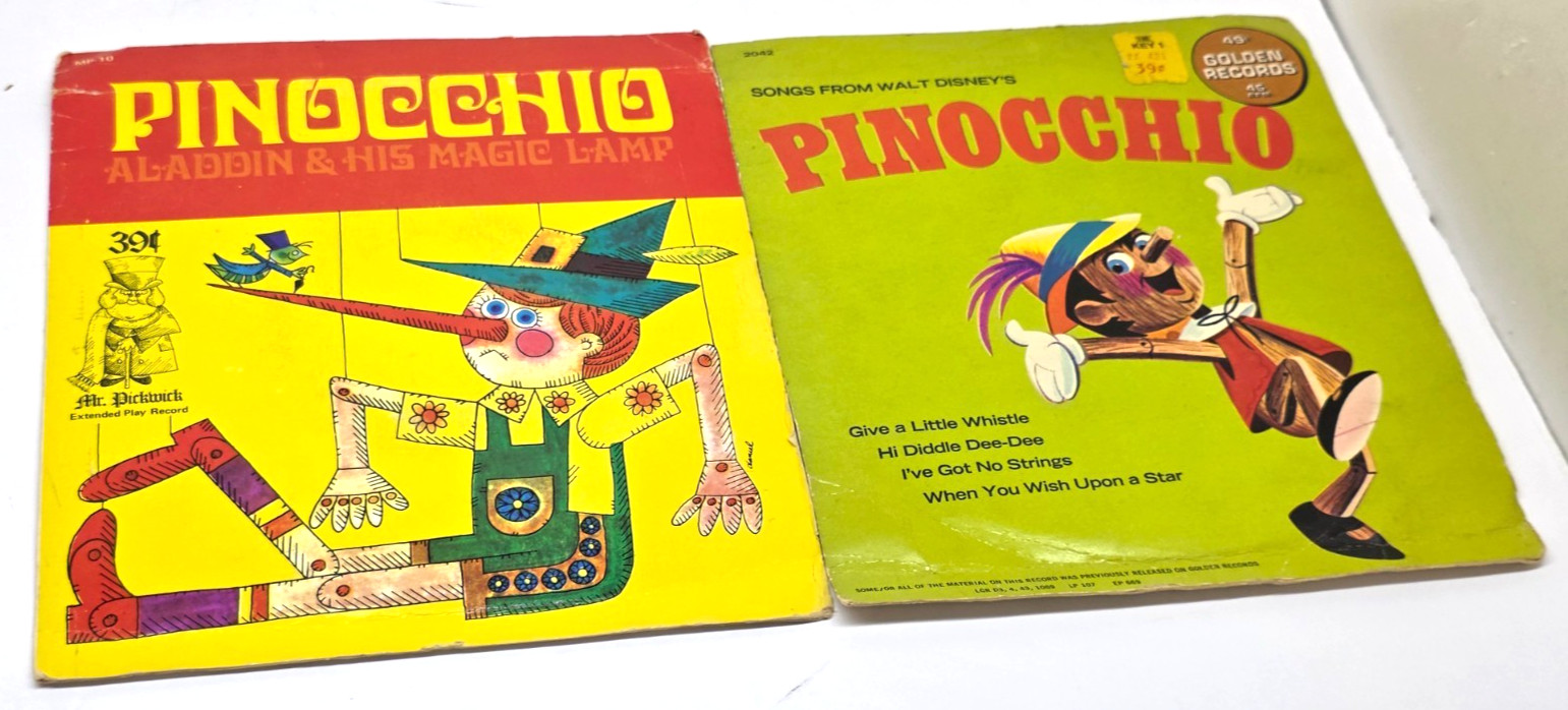 Disney Pinocchio &  Aladdin 45 RPM Vinyl Bundle Golden Records Mr Pickwick