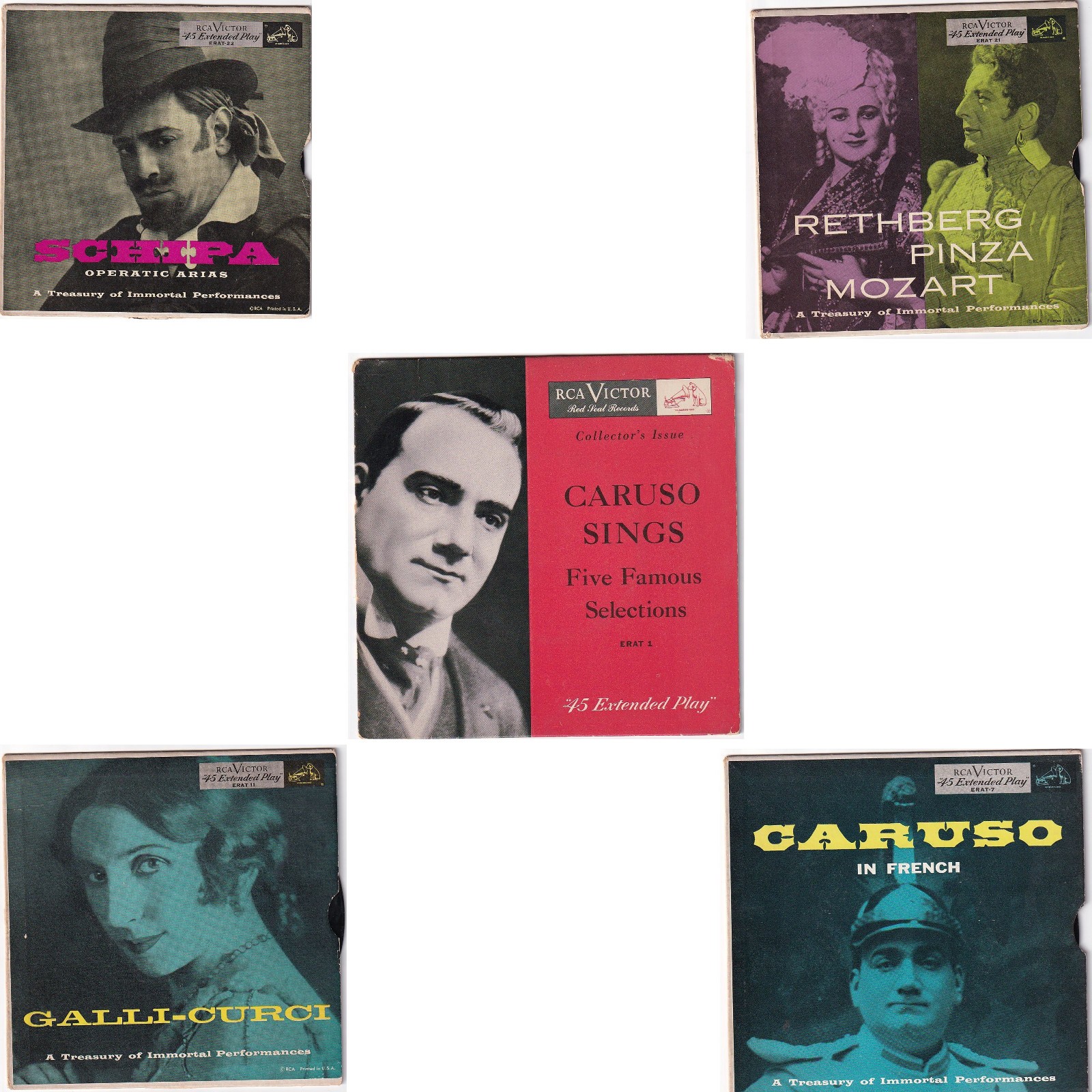 Lot - 5 Vintage 1952 RCA Victor ERA 45 LPs inc Caruso Era 1 w/ sleeves, adapters