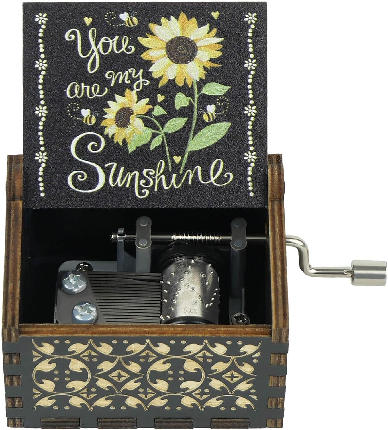 Music Box You Are My Sunshine, Hand Crank Colorful Vintage Sunflower Mini Wood R