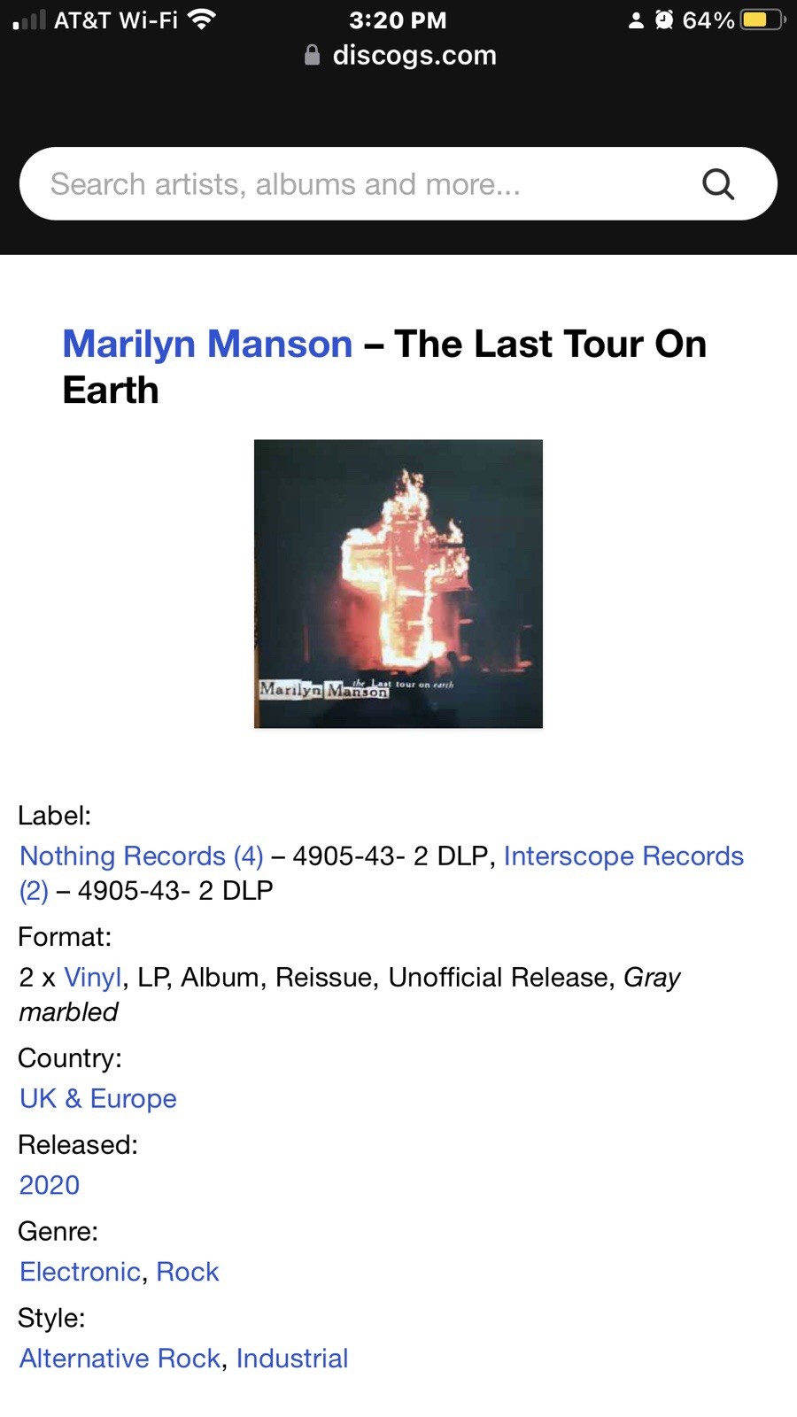 Marylin Manson The Last Tour On Earth 2X Grey Marbled Vinyl UNOFFICIAL 