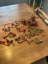 Vtg brass lot of 15 drums and horn ornaments made in India, some original string picture