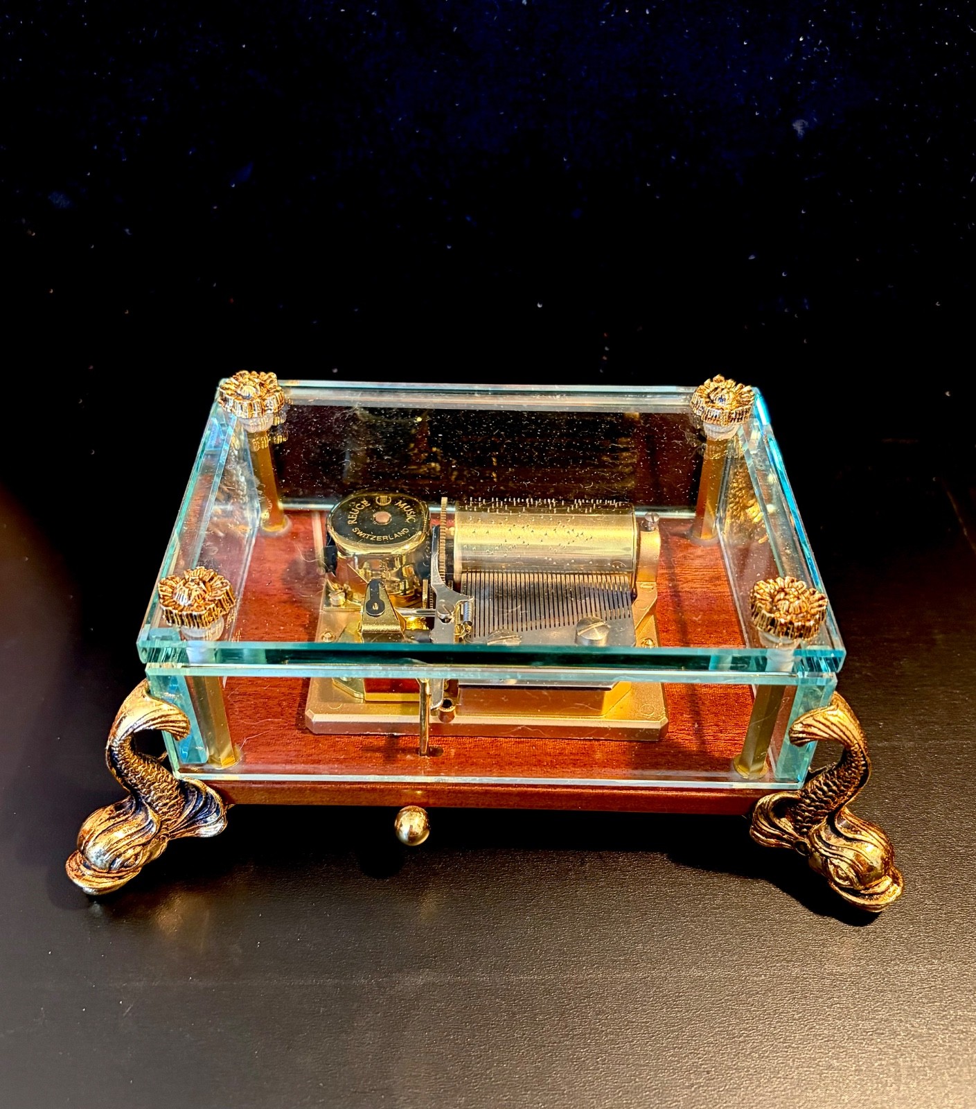 Vintage Reuge Sainte-Croix CH 1/36 Glass Music Box Brass Dolphin Feet. Swiss.