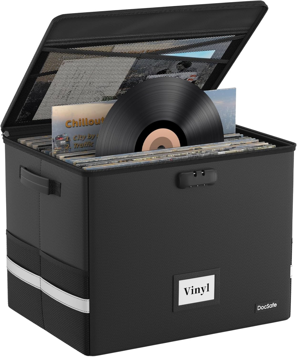 Fireproof Vinyl Record Storage Box with Lock,Large Record Organizer Storage for