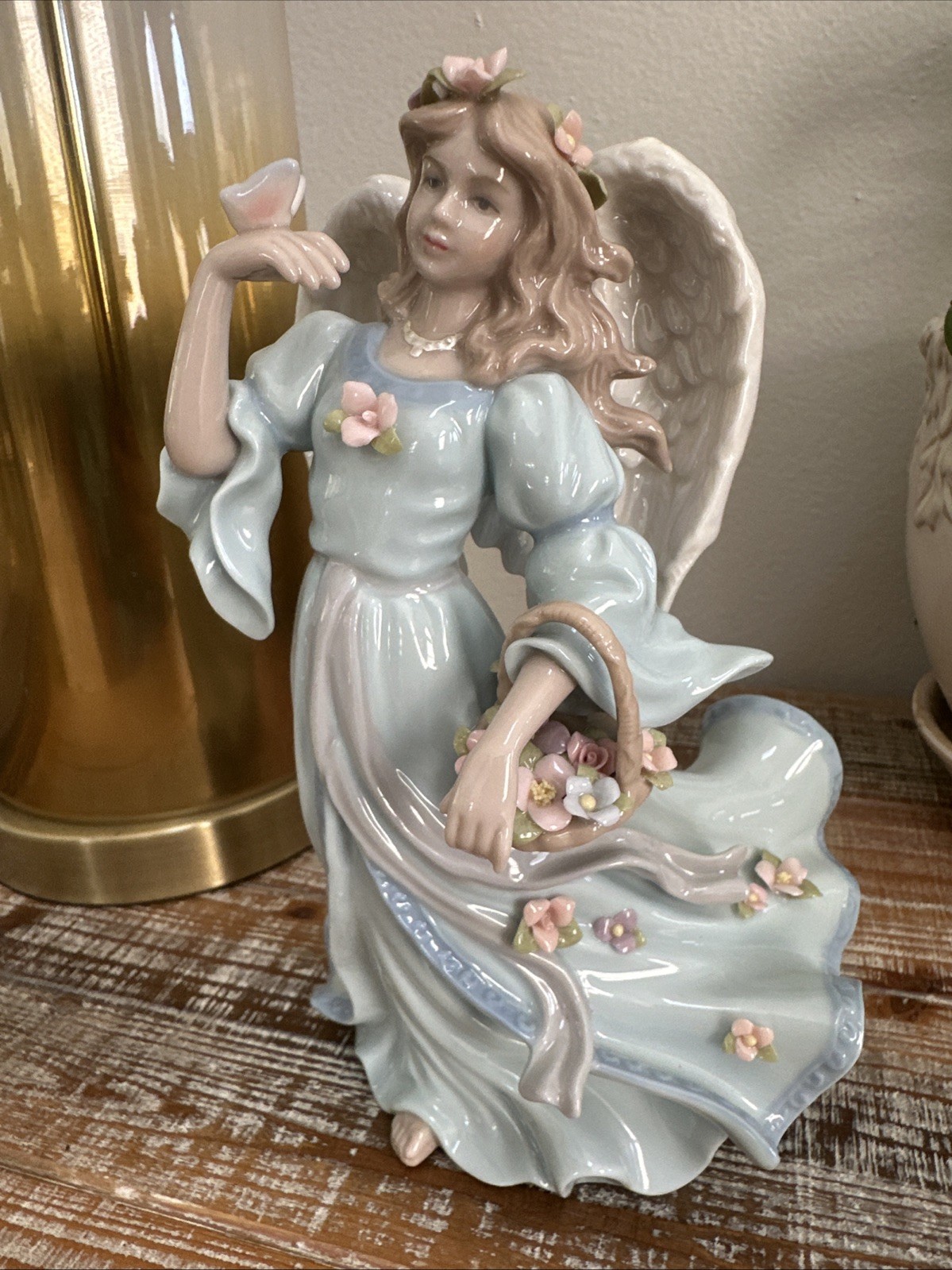 Vintage Music Box Angel Large Figurine Cosmos 1461 Fine Porcelain Flower Basket
