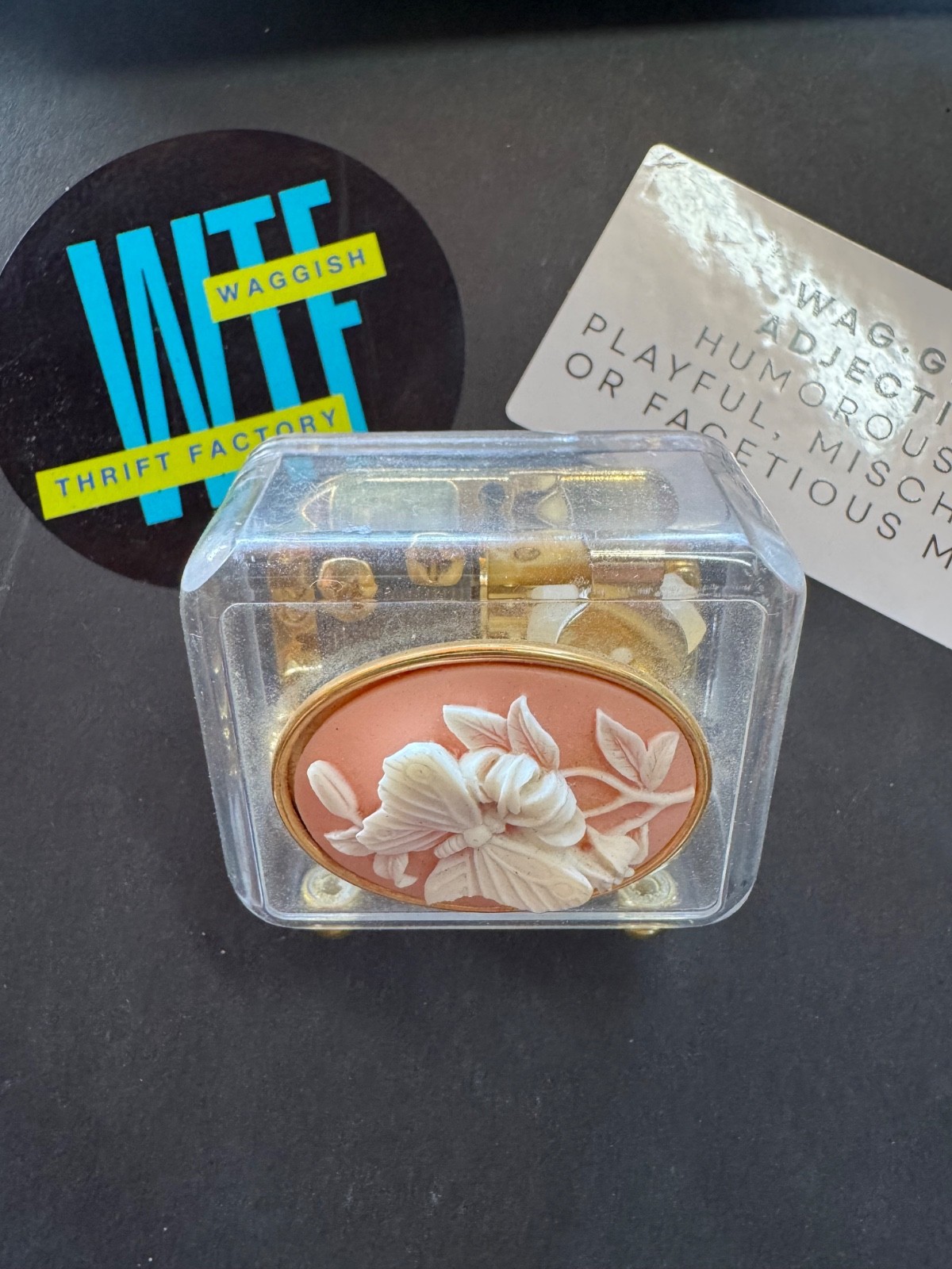 Vintage Cambria Butterfly Coral Cameo Musical Box, Clear Acrylic, \