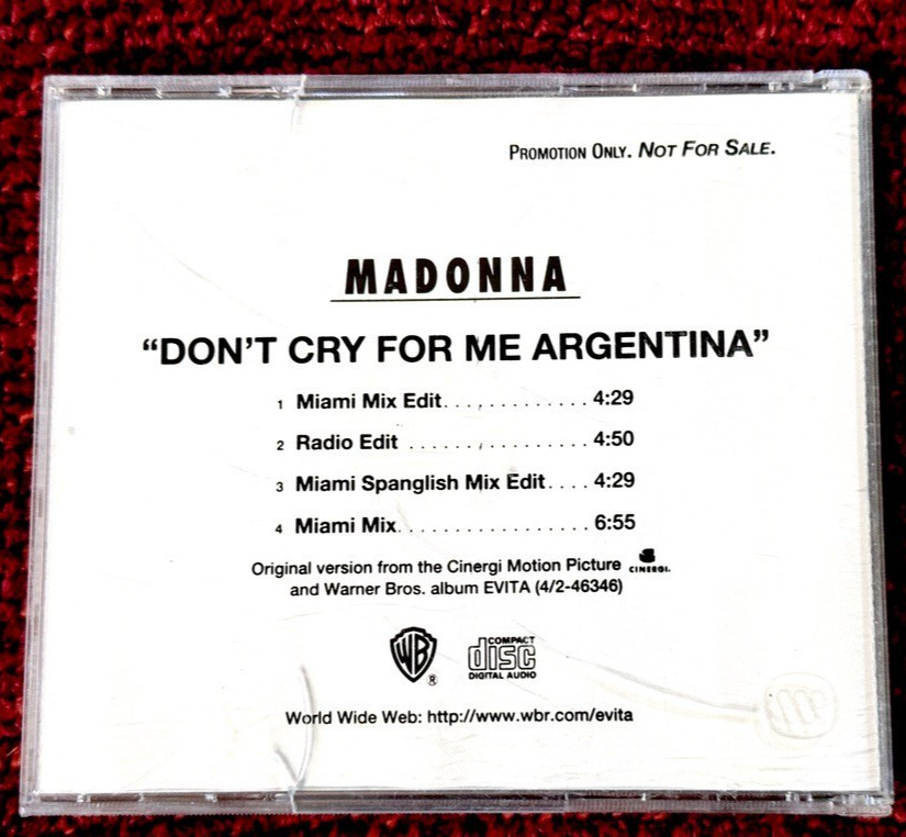MADONNA EVITA CD DON\'T CRY FOR ME ARGENTINA US PROMO SPANGLISH DANCE MIXES CLUB
