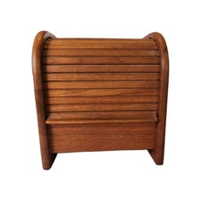 Vintage 1980s Danish Teak Roll-Top Floppy Disk Game Holder Storage Desk Box  picture