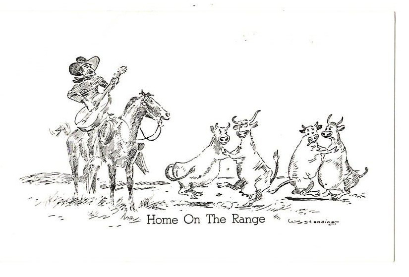Postcard Home on the Range Wm Standing Illustration Cowboy Guitar Dancing Cows