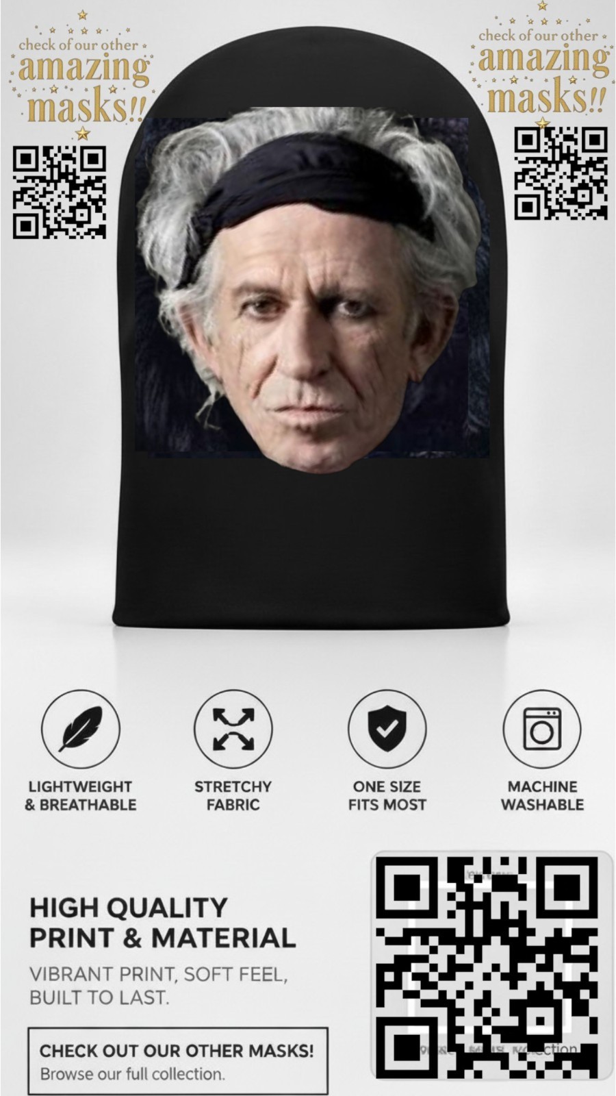 Keith Richards Rolling Stones Mesh Face Mask See Thru Halloween Costume Cosplay 